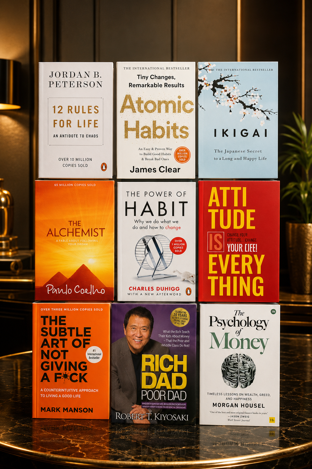 The Power of Habit + Atomic Habits + Rich Dad Poor Dad + Ikigai + The Psychology of Money + 12 Rules for Life + The Alchemist + Attitude Is Everything + The Subtle Art – 9 Books Combo