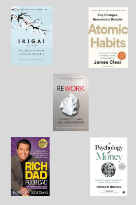 Atomic habit +Psychology of money + Ikigai +Rich Dad Poor Dad +Rework ( Paperback)