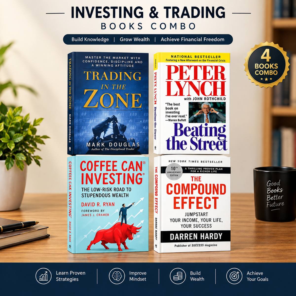 4 Books Investing & Trading Combo | Trading in the Zone, Beating the Street, Coffee Can Investing & The Compound Effect