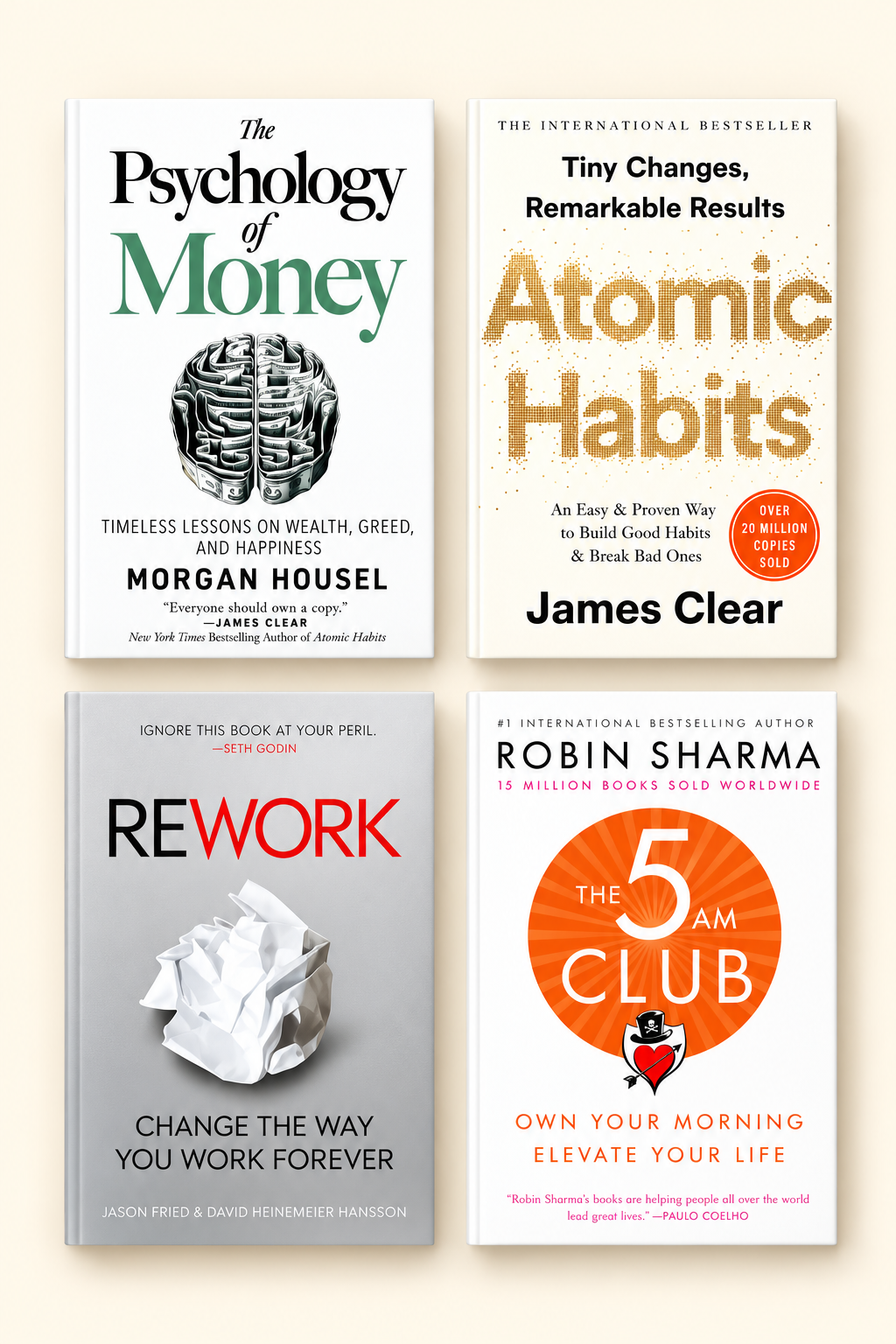 Atomic Habit +Psychology of Money + Rework +5 AM Club 4 books combo (Paperback)