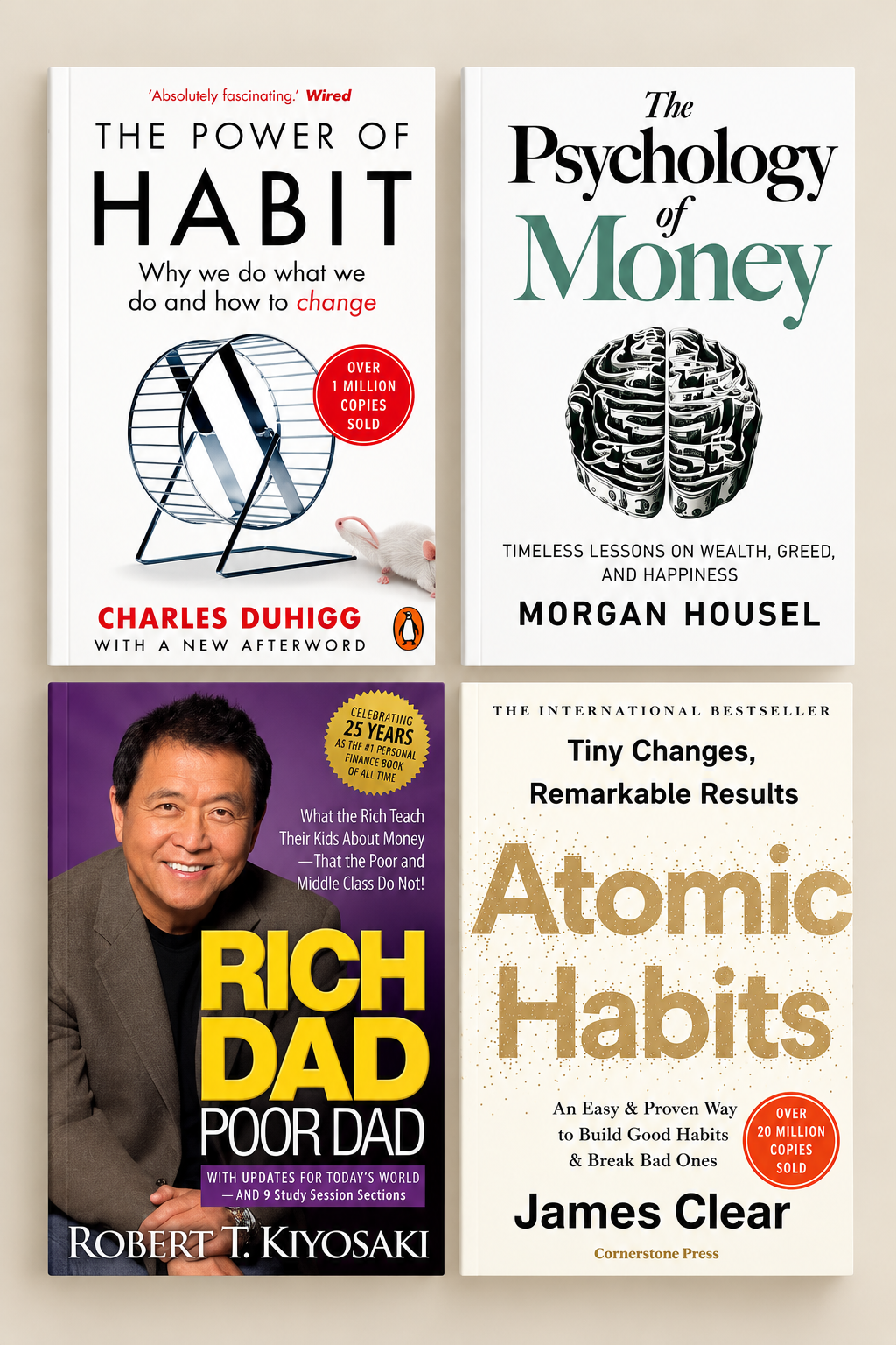 Atomic Habit +The Power Of Habit +Rich dad poor dad + Psychology of Money 4 Books Combo (Paperback