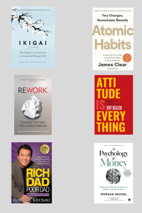 Atomic habit +Psychology of money + Ikigai +Rich Dad Poor Dad +Rework + Attitude is everything( Paperback)