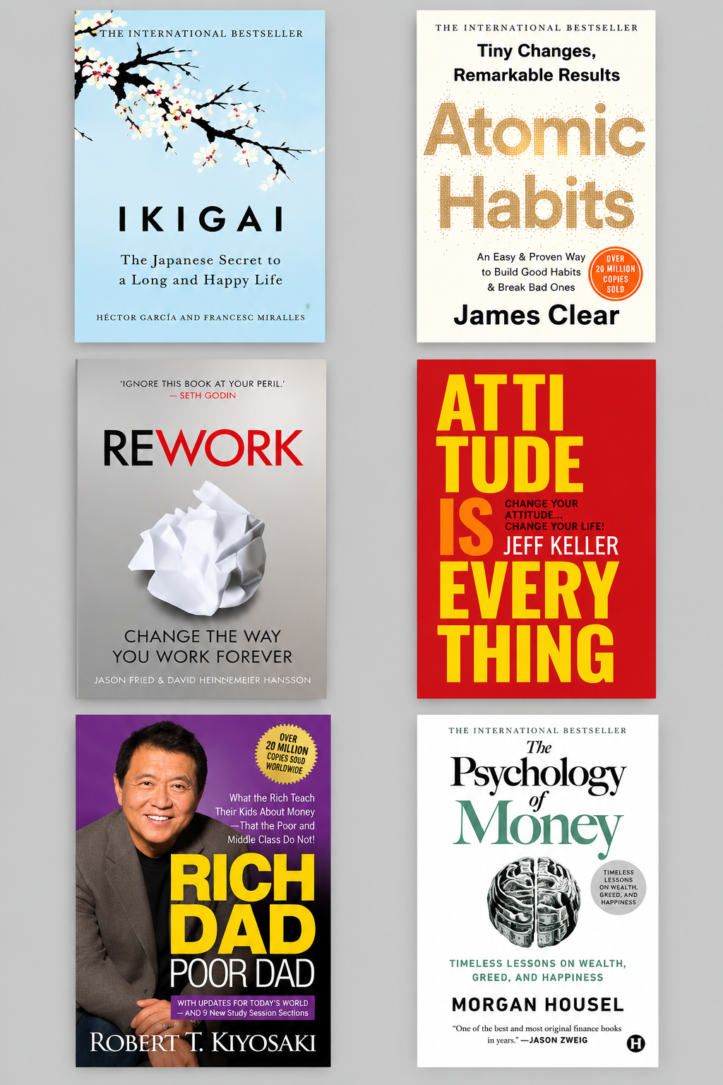 Atomic habit +Psychology of money + Ikigai +Rich Dad Poor Dad +Rework + Attitude is everything( Paperback)