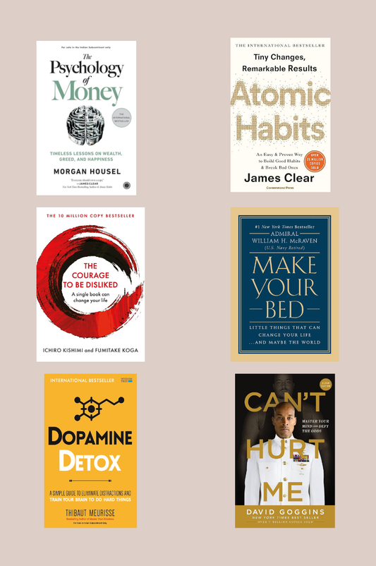 Atomic habit + The Psychology of Money +The Courage to Be Disliked +Dopamine Detox +Make Your Bed + Can't Hurt Me 6 Books Combo habit, mindset & productivity bundles