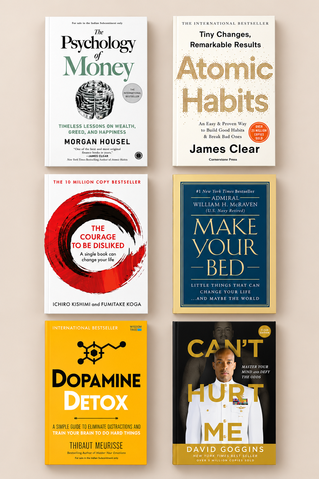 Atomic habit + The Psychology of Money +The Courage to Be Disliked +Dopamine Detox +Make Your Bed + Can't Hurt Me 6 Books Combo habit, mindset & productivity bundles
