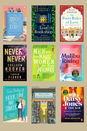 Malibu Rising + Men are from Mars, Women are from Venus + Circe + Days at the Morisaki Bookshop + The Forty Rules of Love+  Too Good To Be True+  Hook, Line, and Sinker+  The Lost Bookshop+  Daisy Jones and The Six
