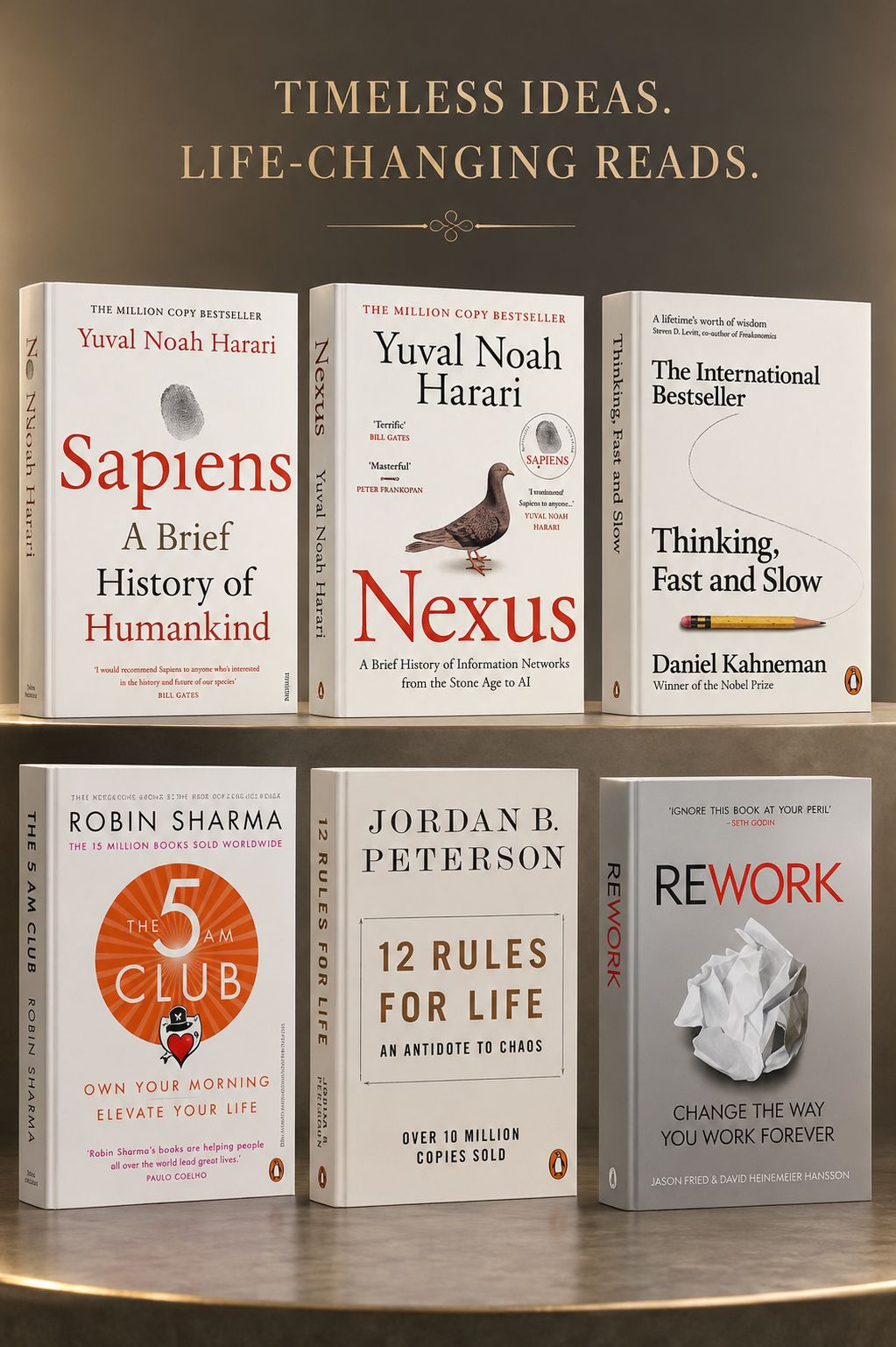 Self-Help & Personal Growth Books Combo (Set of 6) | Sapiens, Nexus, Thinking Fast and Slow, The 5 AM Club, 12 Rules for Life & Rework