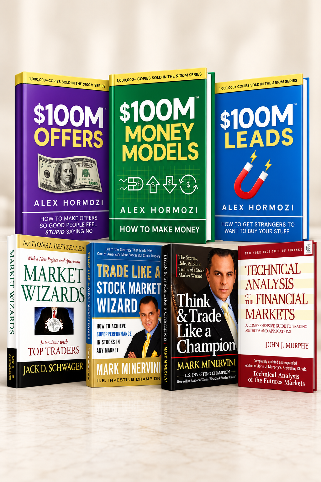 Shop 7 business and stock market books featuring Alex Hormozi, Mark Minervini, Jack Schwager and John J. Murphy. Learn business growth, trading and technical analysis.