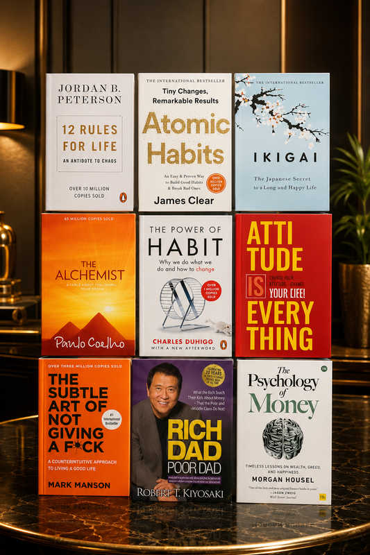 The Power of Habit + Atomic Habits + Rich Dad Poor Dad + Ikigai + The Psychology of Money + 12 Rules for Life + The Alchemist + Attitude Is Everything + The Subtle Art – 9 Books Combo