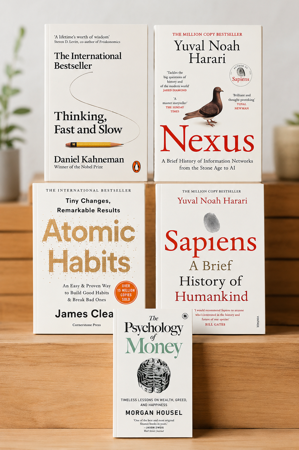 Thinking, Fast and Slow + Nexus + Atomic Habits + Sapiens + The Psychology of Money | Premium 5 Books Combo Set | Self-Help, Psychology & Personal Growth (Paperback)